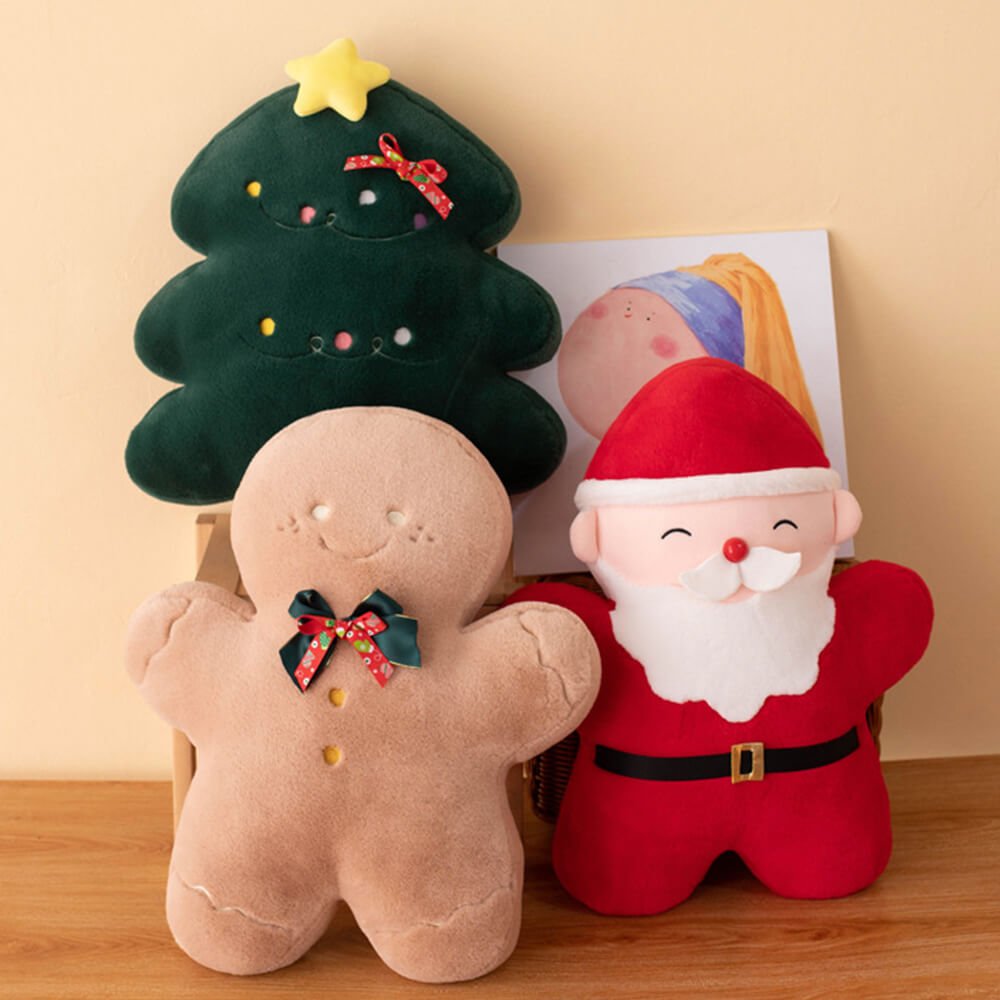 Close-up of Christmas plush pillow covers featuring Santa design.