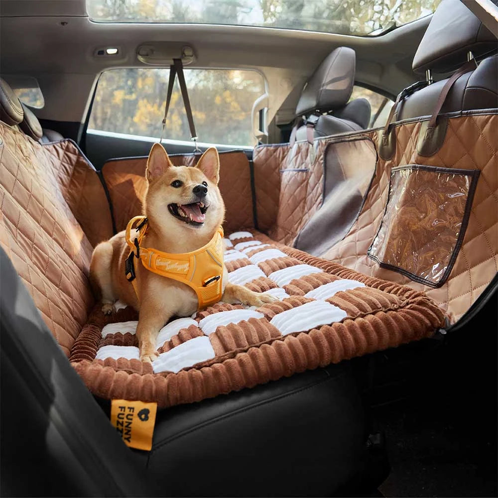 Comfortable plush dog car bed mat for backseat use, showcasing its soft texture.