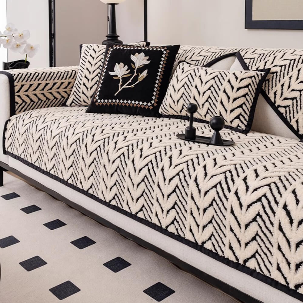 Front view of WheatStone Duo plush couch cover showing dual-tone wheat-ear pattern and soft plush texture