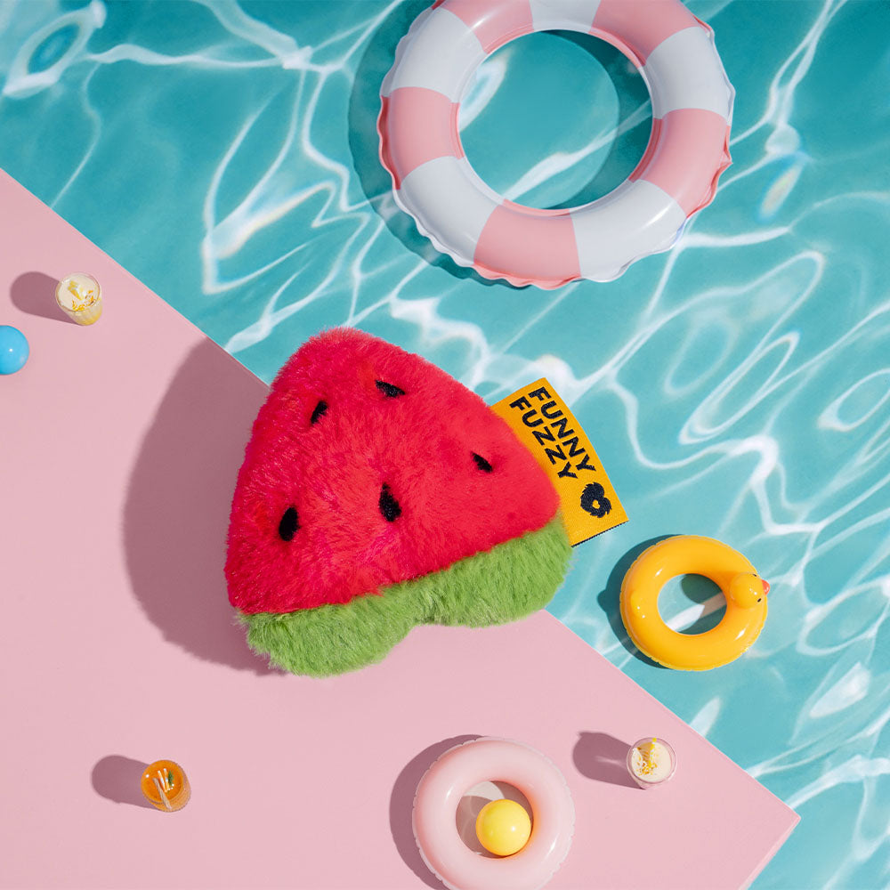 Close-up of watermelon plush dog toy with squeaker on grass