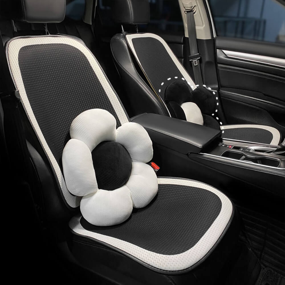 Close-up of breathable houndstooth car seat cushion featuring honeycomb mesh fabric