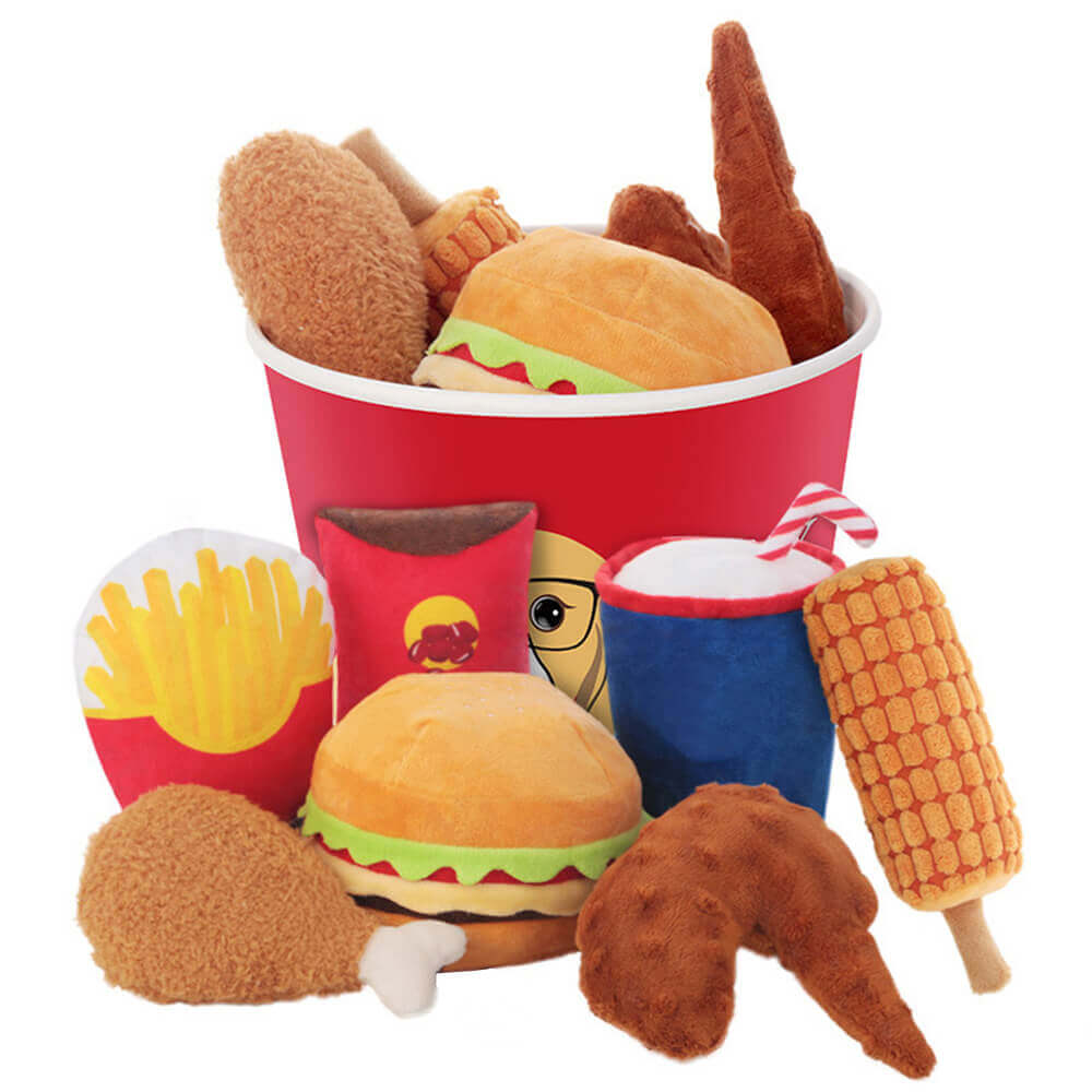 Close-up of a plush burger toy with squeaker for dogs