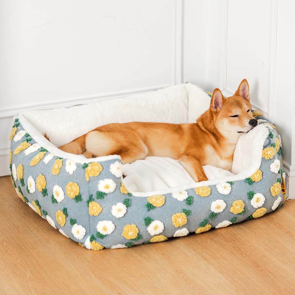 Close-up of plush tufting on handmade woolen dog and cat bed with armrest