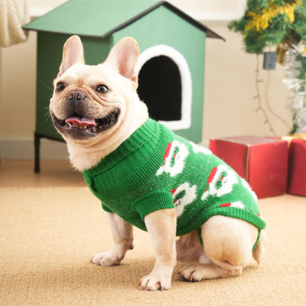 Adorable matching Christmas dog sweater set with Santa Claus design, perfect for winter celebrations.