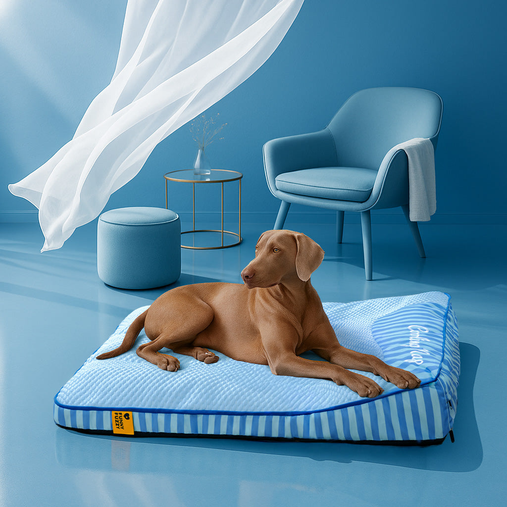 A happy golden retriever comfortably resting on a ZenPaws OrthoCool large dog bed, showcasing the spacious design and raised edge.