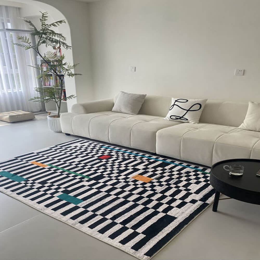 Minimalist gray rug in modern living room with pet dog lying comfortably