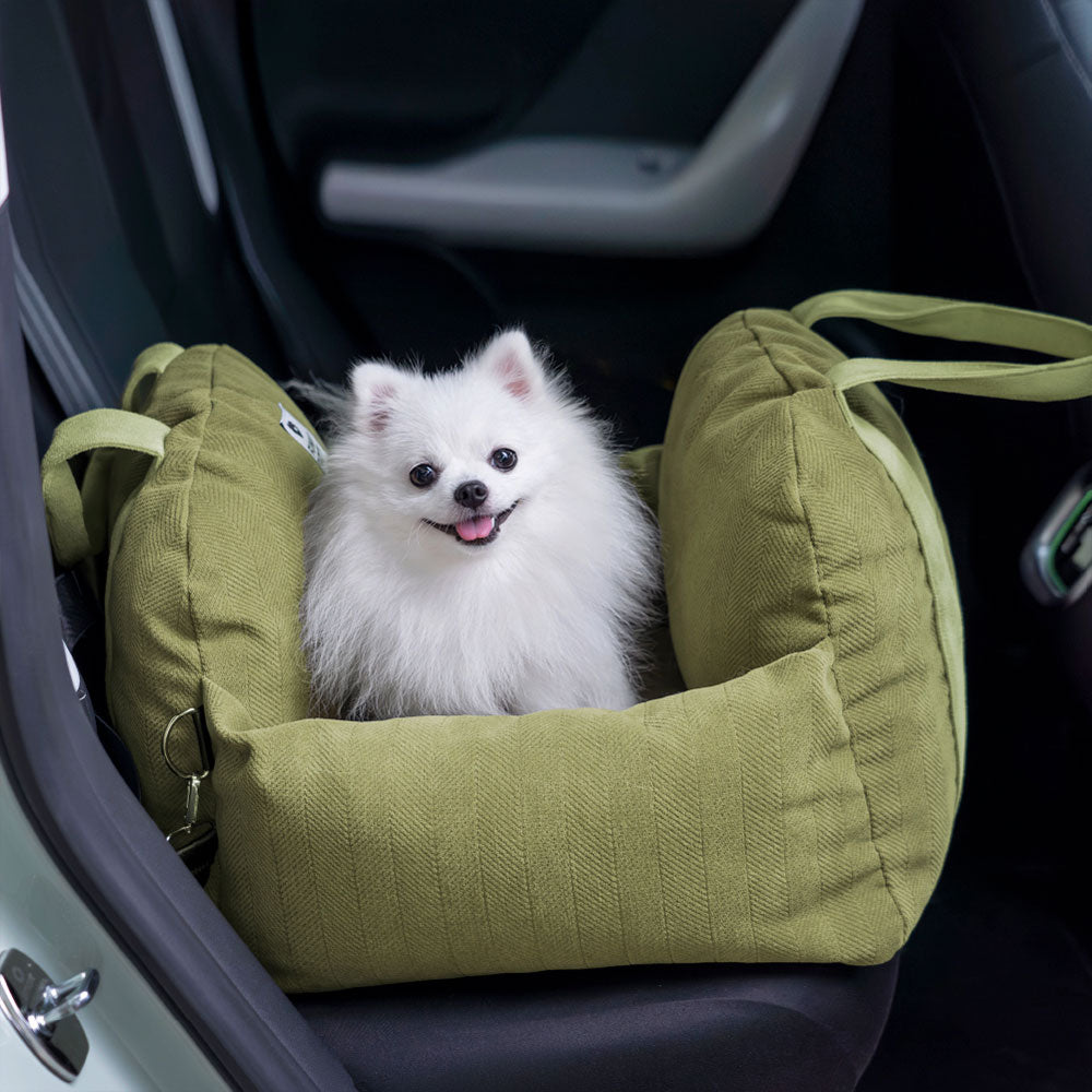 PawsomeRide Dog Car Seat in use during a road trip, showing safety leash and buckle