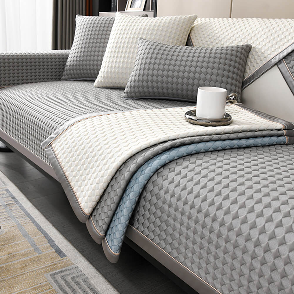 Cooling sofa cover in a modern living room with pet lounging on sofa