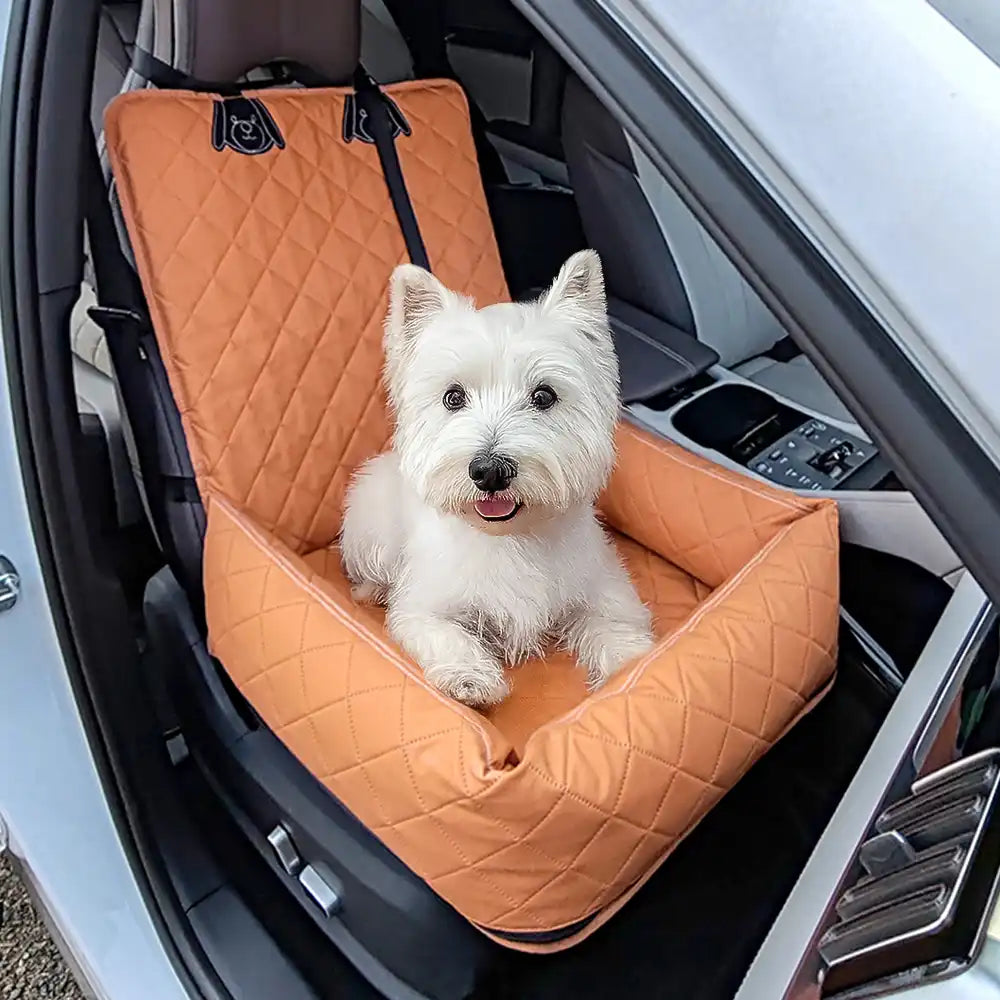 PawsomeRide Waterproof Dog Car Seat - side view, showing adjustable straps and safety buckle