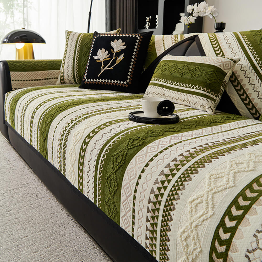Luxury Woven Suede Colorblock Sofa Cover on a modern sofa