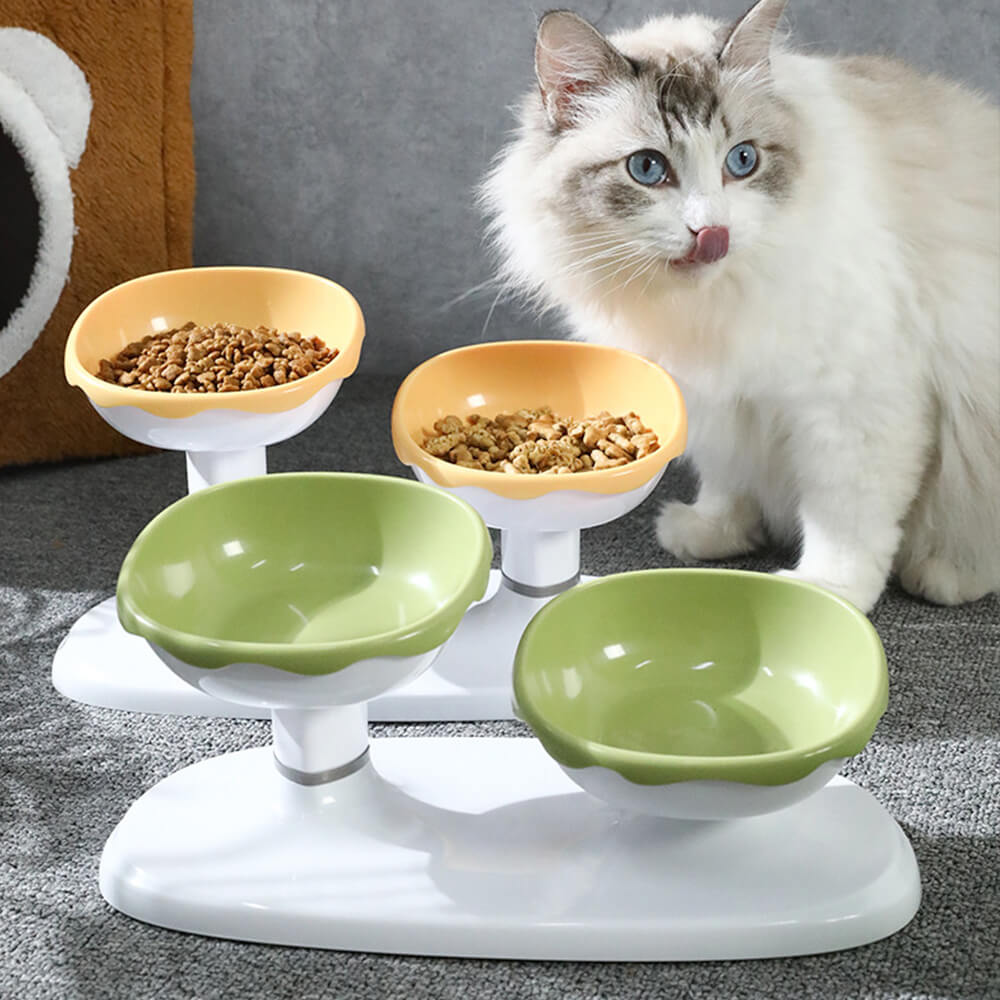 Front view of double pet bowl with raised base for ergonomic feeding
