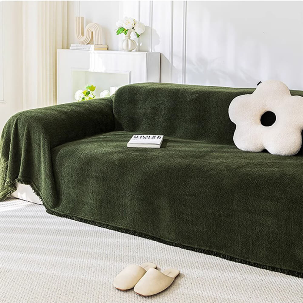 Elegant plush sofa protector cover in a cozy living room setting, showcasing its stylish design and soft texture.