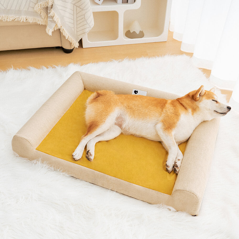 Side view of a happy golden retriever relaxing on a grey CloudNine OrthoSupport Pet Bed, showcasing the supportive pet bed's plush bolsters.