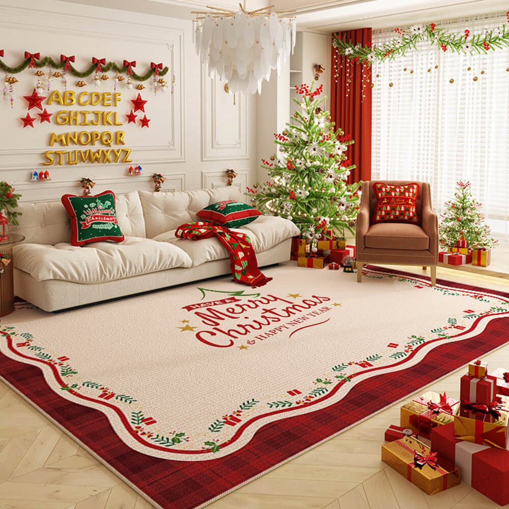 Close-up of festive red-and-green Christmas rug with non-slip backing