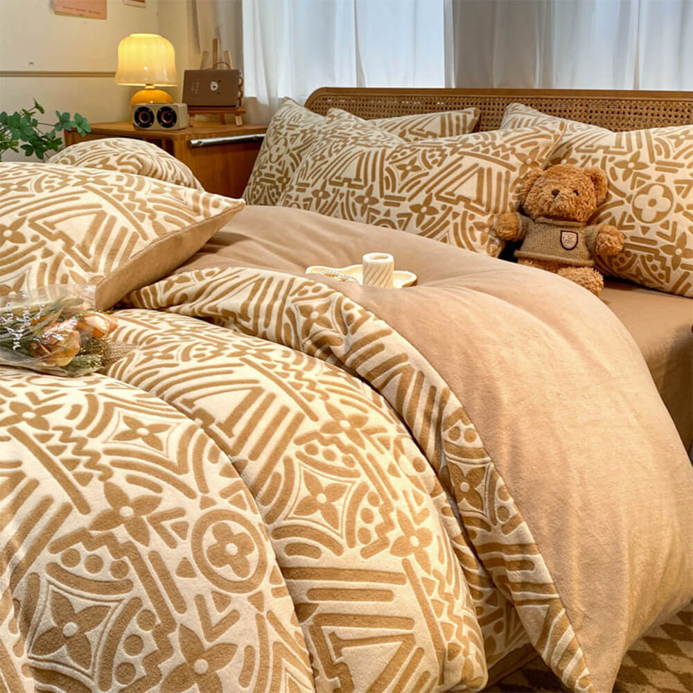 Luxury Milk Velvet Bedding Set on a king size bed, showcasing its modern geometric design.