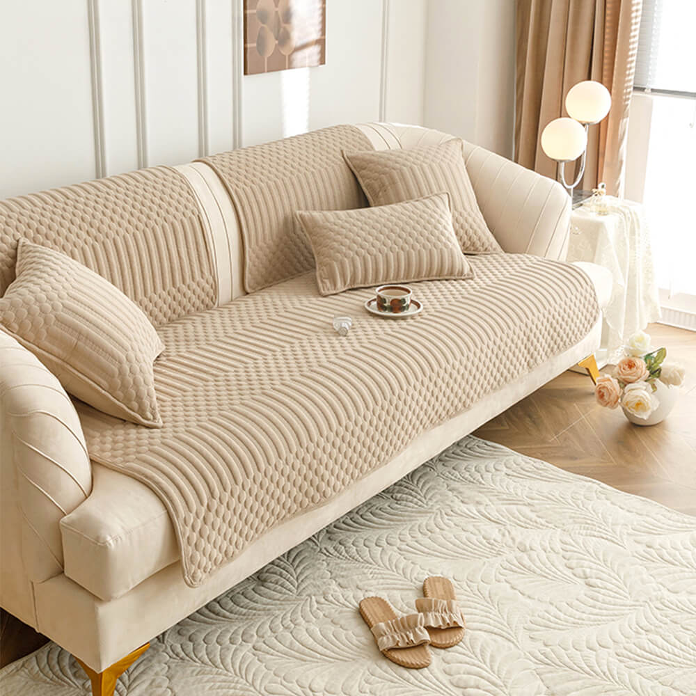 Warm plush vintage sofa protector in a cozy living room setting