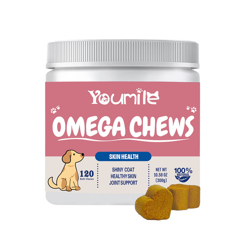 Close-up of Omega 3 chews for dogs, showcasing their soft texture and natural ingredients.