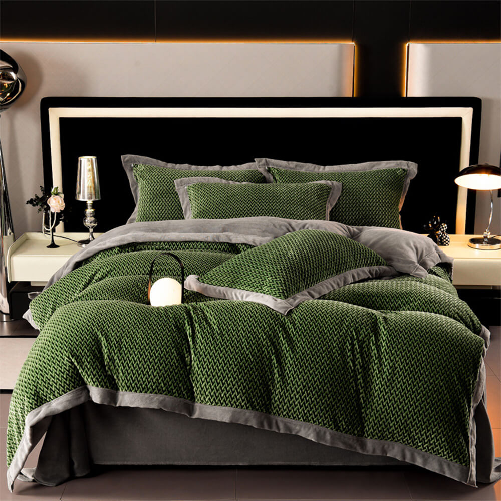 Overhead view of the velvet sheets showing two-tone herringbone pattern and milk velvet texture