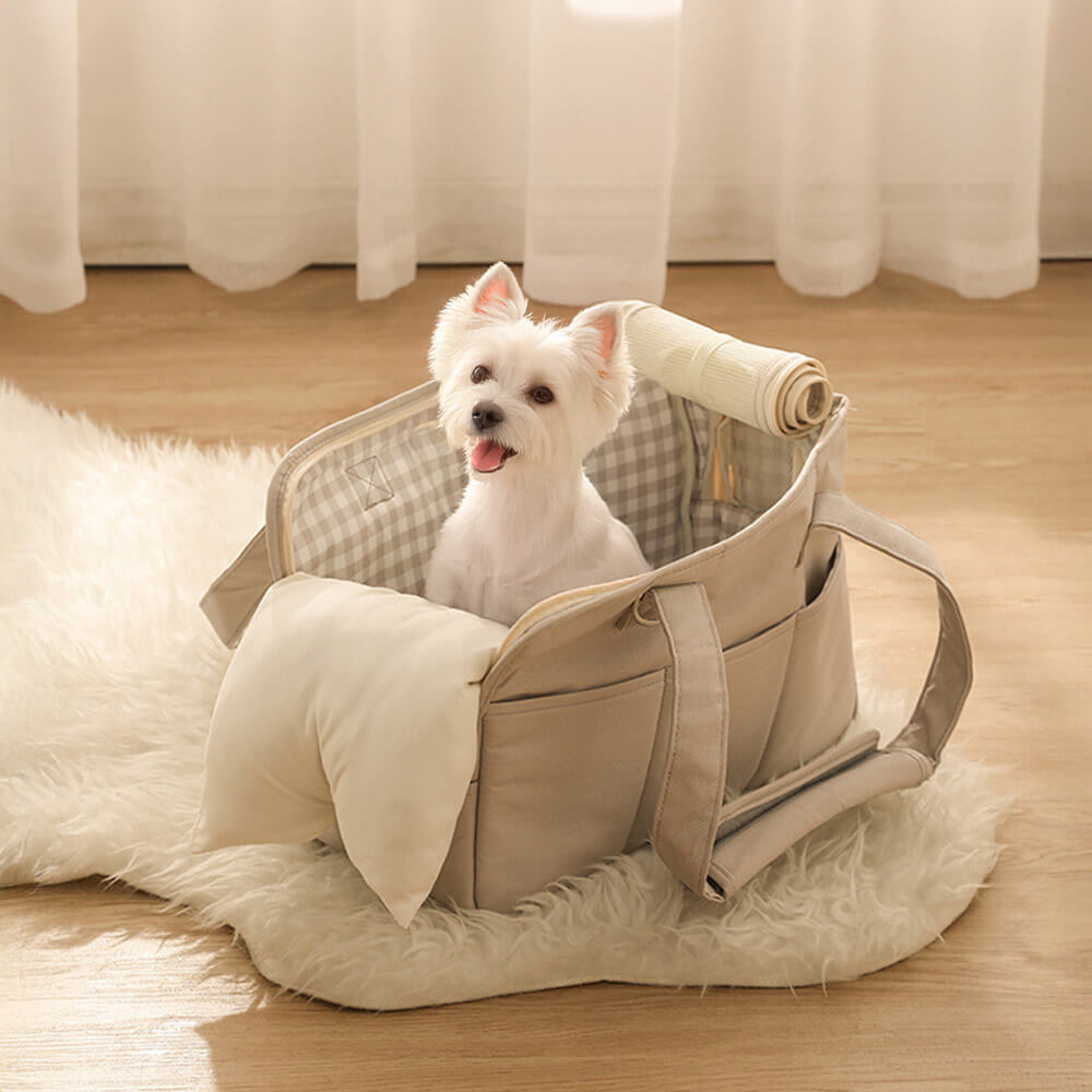 Dog and cat travel carrier bag with mesh panels and pockets, ideal for air travel