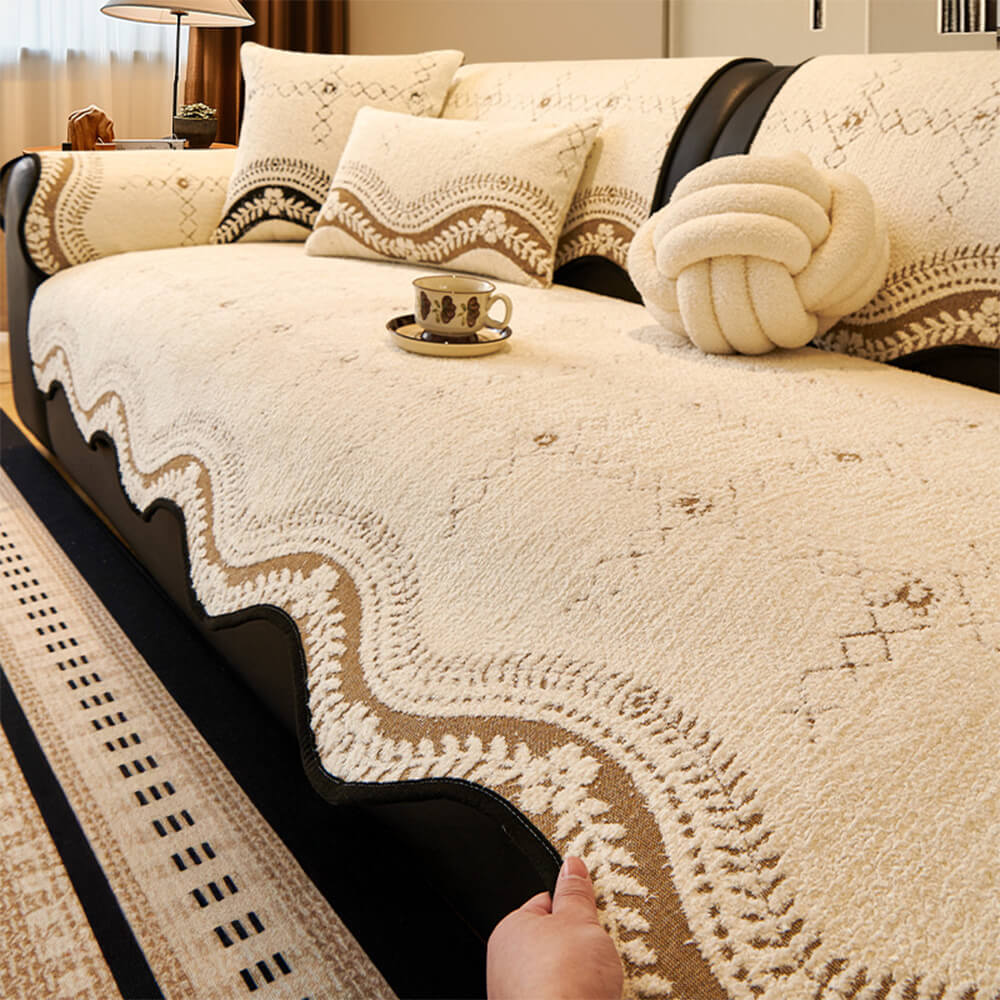 Close-up of the plush fabric and wavy pattern of the sofa cover, showcasing its soft texture.