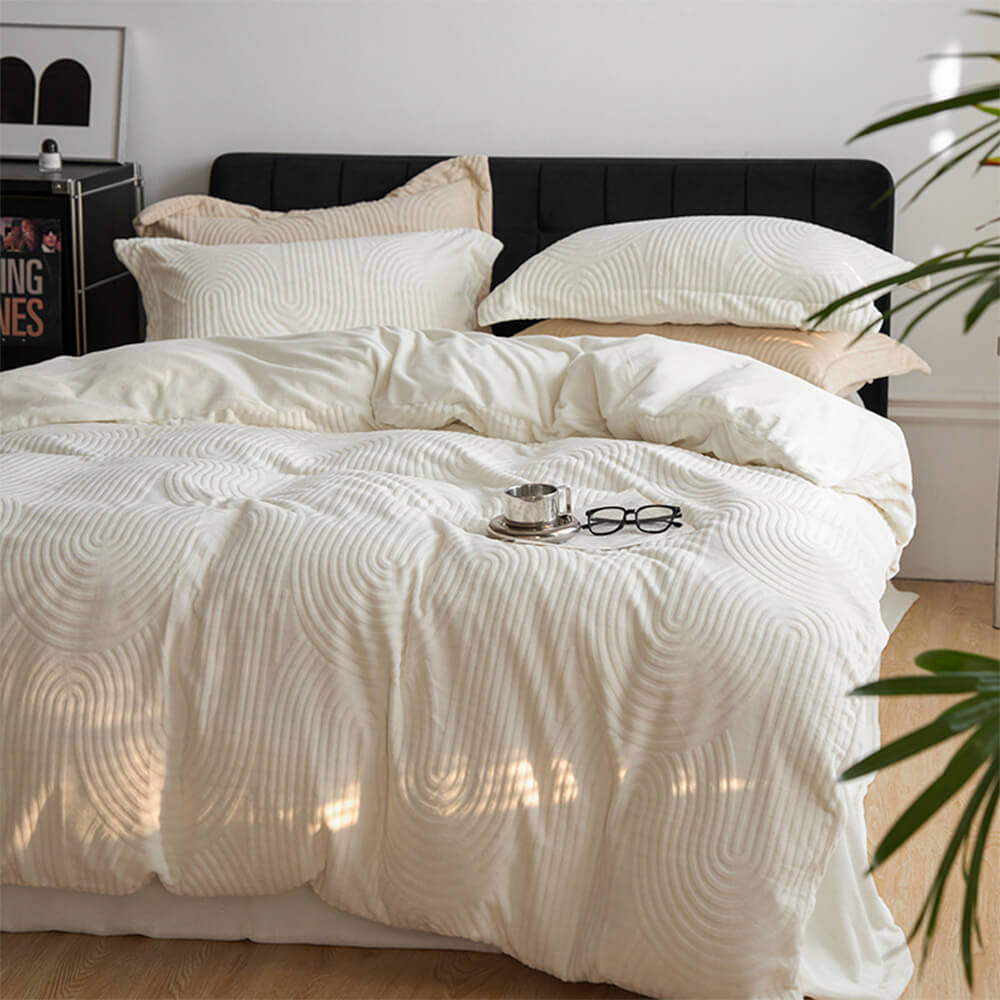 Velvet Luxe Cotton Bed Sheet Set showcasing its soft texture and elegant design in a modern bedroom setting.