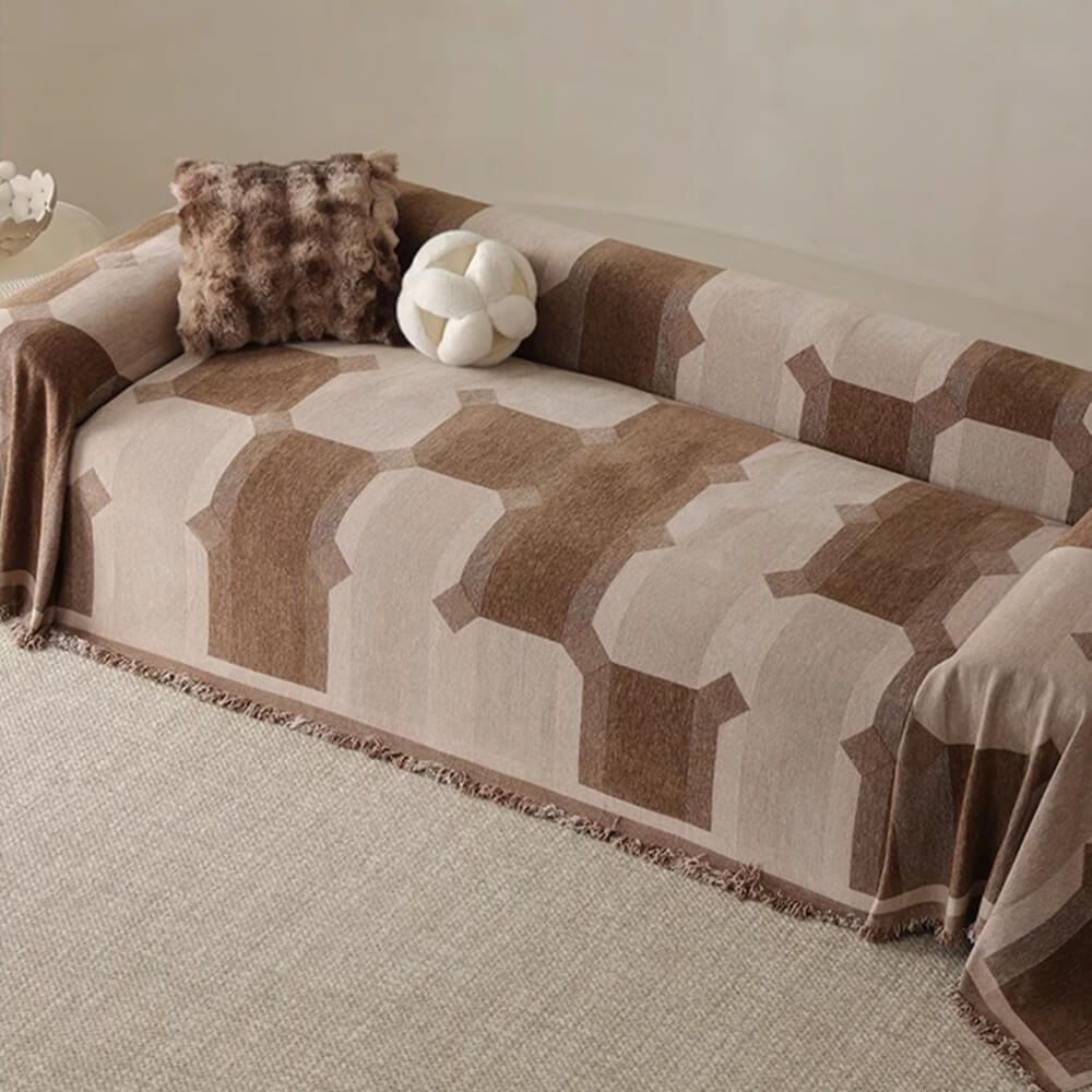 Front view of chenille couch cover showcasing full coverage and geometric design
