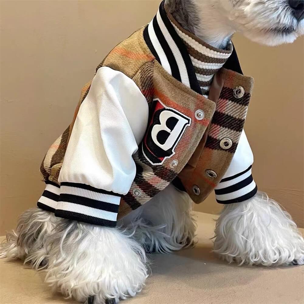 Plaid baseball dog jacket front view, perfect for small breeds