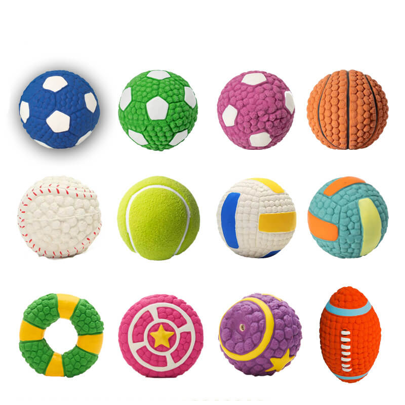 Interactive latex squeaky dog ball in action during fetch with a happy dog.