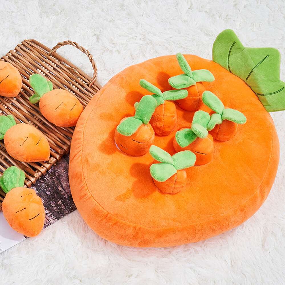 Interactive carrot dog toy with vibrant colors and plush texture for engaging playtime.