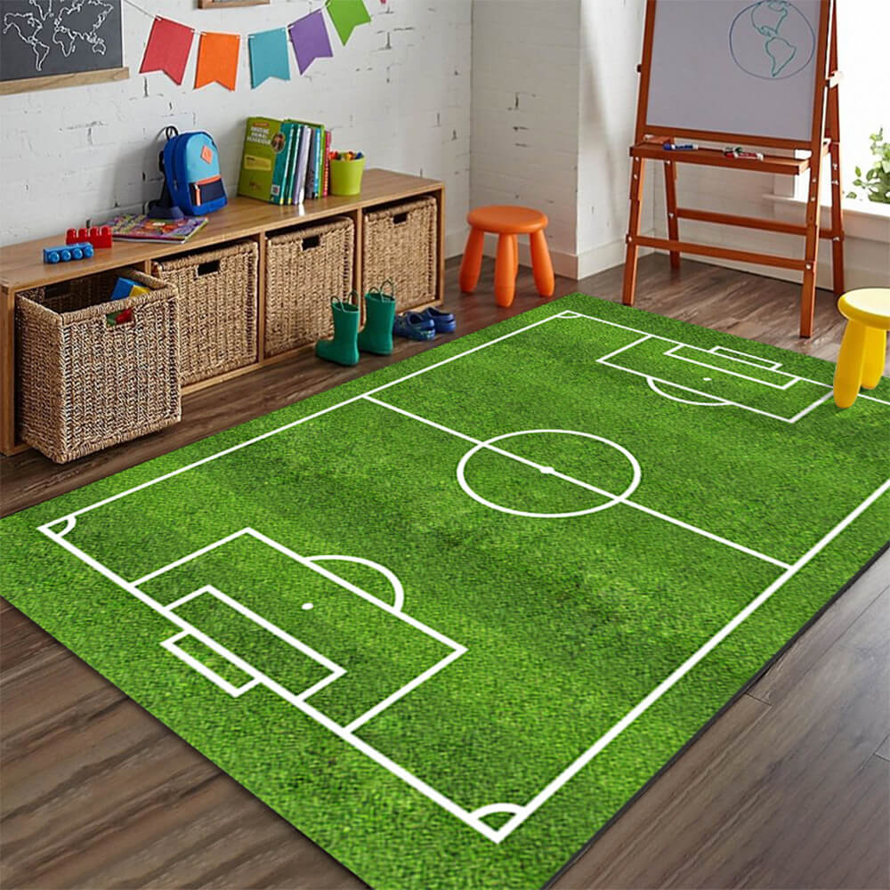 Sports-themed anti-slip rug in a kids' playroom with soccer design