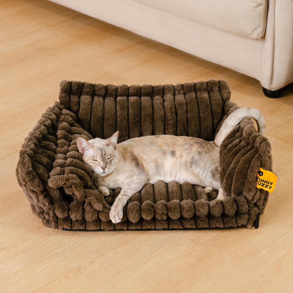 A cozy cat peacefully sleeping on the DreamPaws Ortho-Calm washable cat bed, showcasing its elevated headrest and plush comfort.