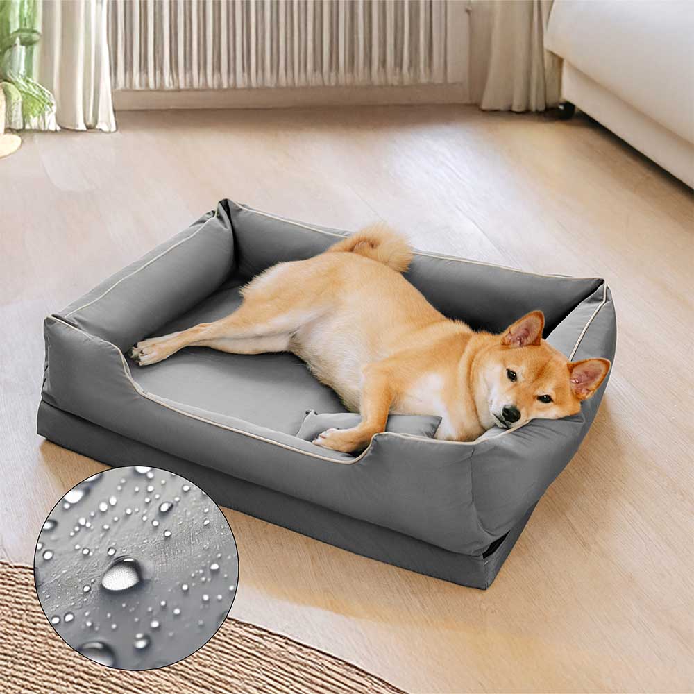 Close-up of ScandiShield™ anti-scratch dog bed showing tough Oxford canvas fabric and plush pillow