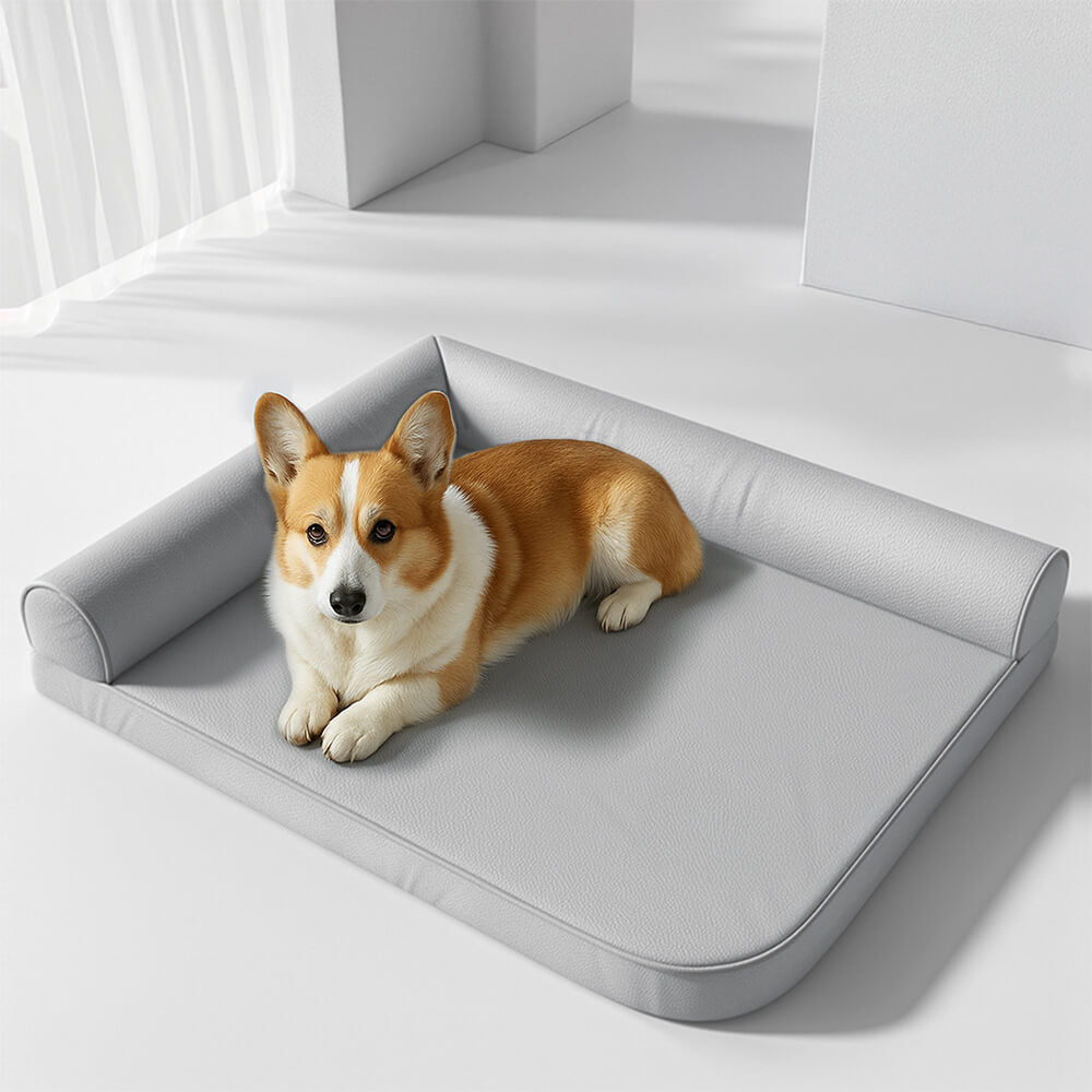 Top-down view of the waterproof dog bed showing durable tech fabric and orthopedic foam.