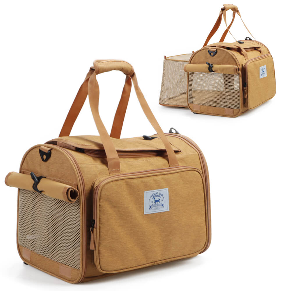 Expandable cat carrier bag with breathable mesh panels and top sunshade
