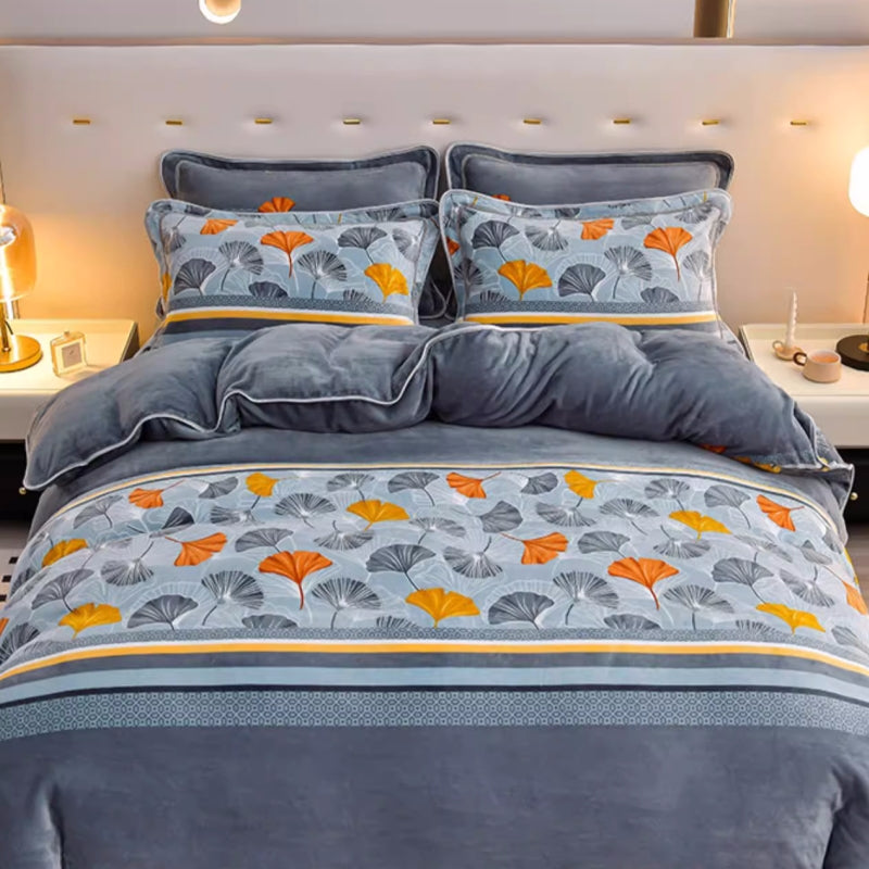 Close-up of soft milk velvet fabric with floral design on queen size bedding set