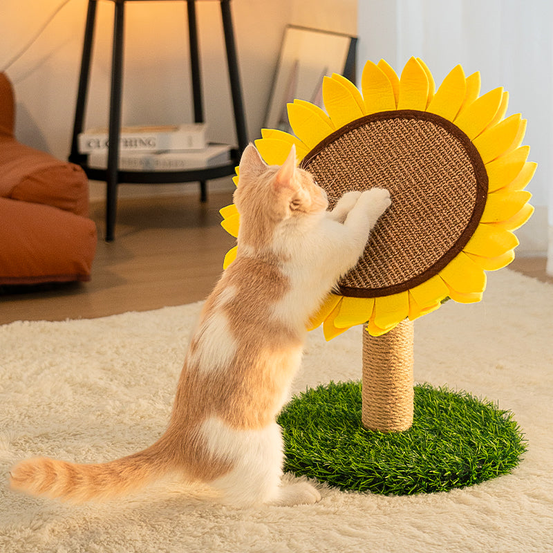 A full view of the SunBloom sunflower cat scratcher with stable base, showcasing its bright yellow petals and green grass-like base on a light wooden floor.