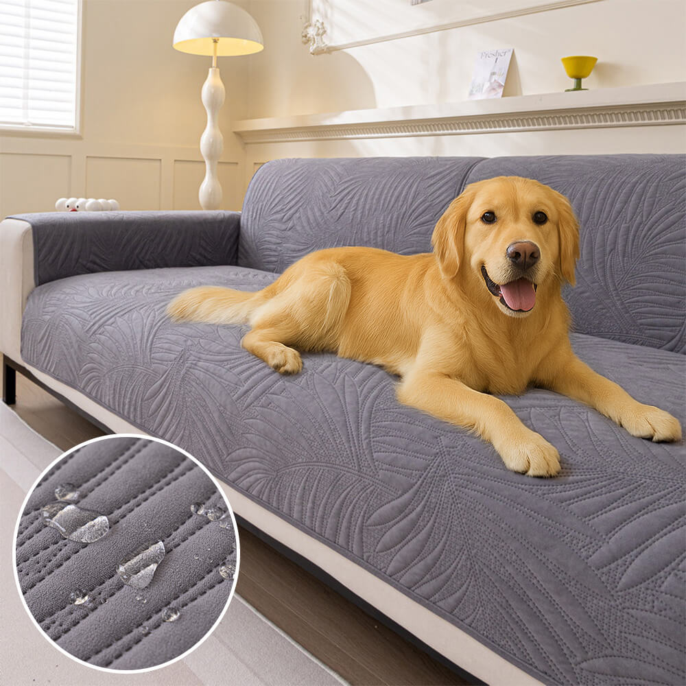 Large leaf pattern waterproof sofa protector displayed on a stylish couch.