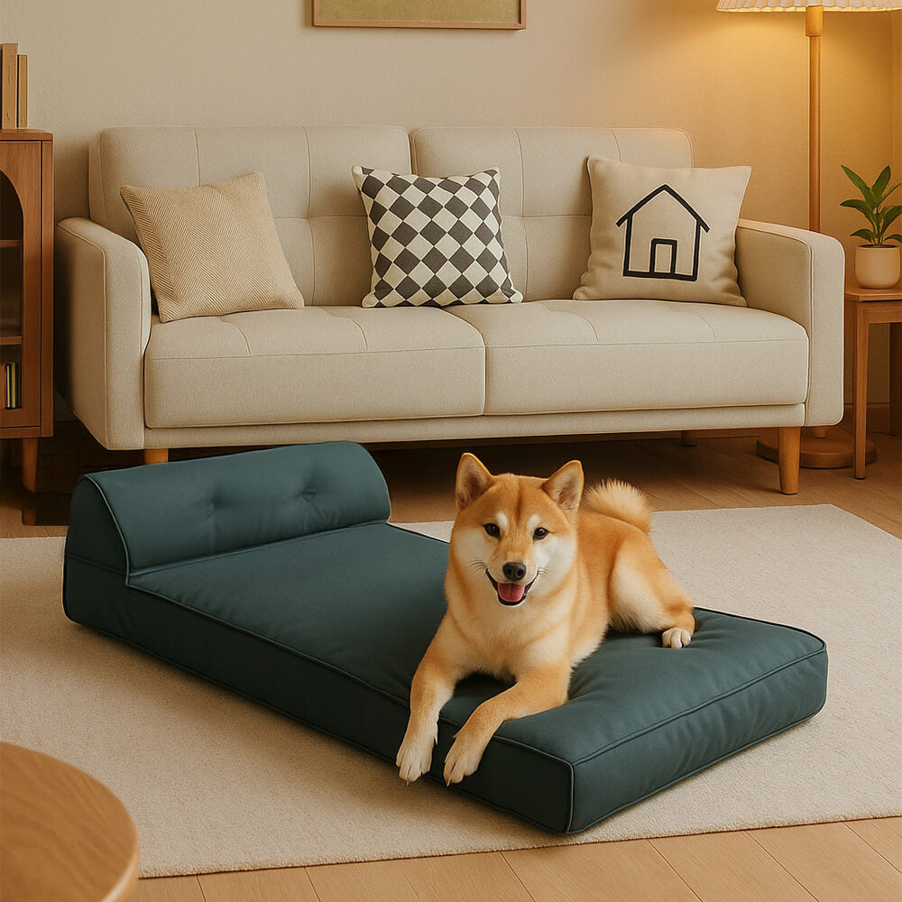 A happy golden retriever comfortably resting on a large, grey Serenity Oasis waterproof dog bed, showcasing the bolster pillow.