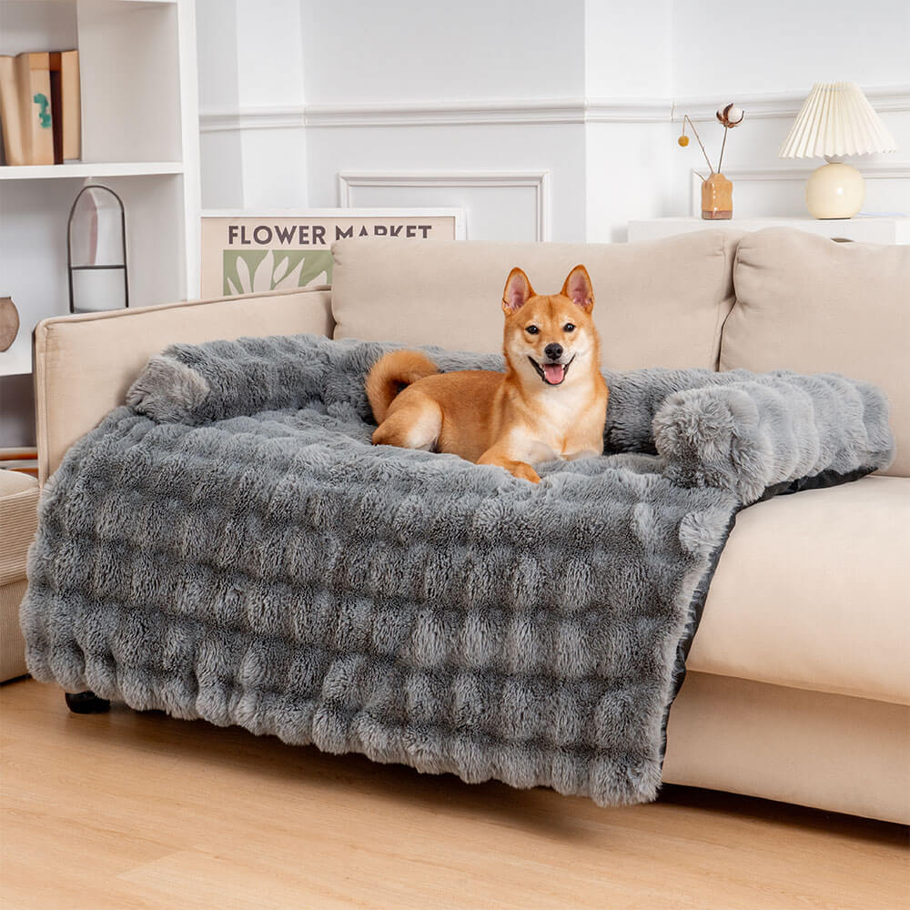 Close-up of ultra-soft plush fabric on calming dog bed sofa protector