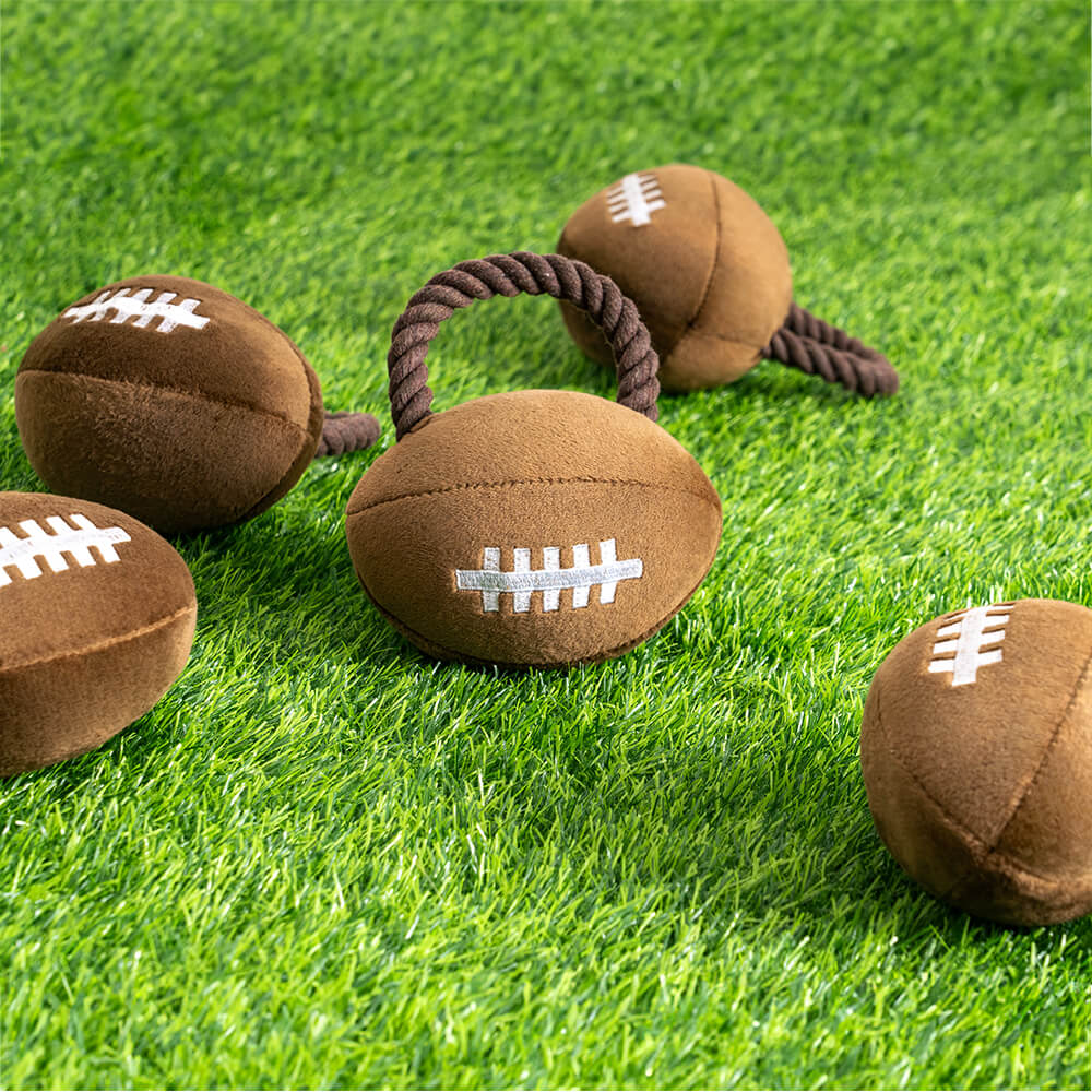 Close-up of the Interactive Plush Rugby Dog Toy showcasing its sound feature.