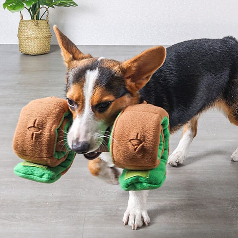 Close-up of SmartTreat™ Plush Puzzle Dumbbell showing soft fabric and treat compartment.