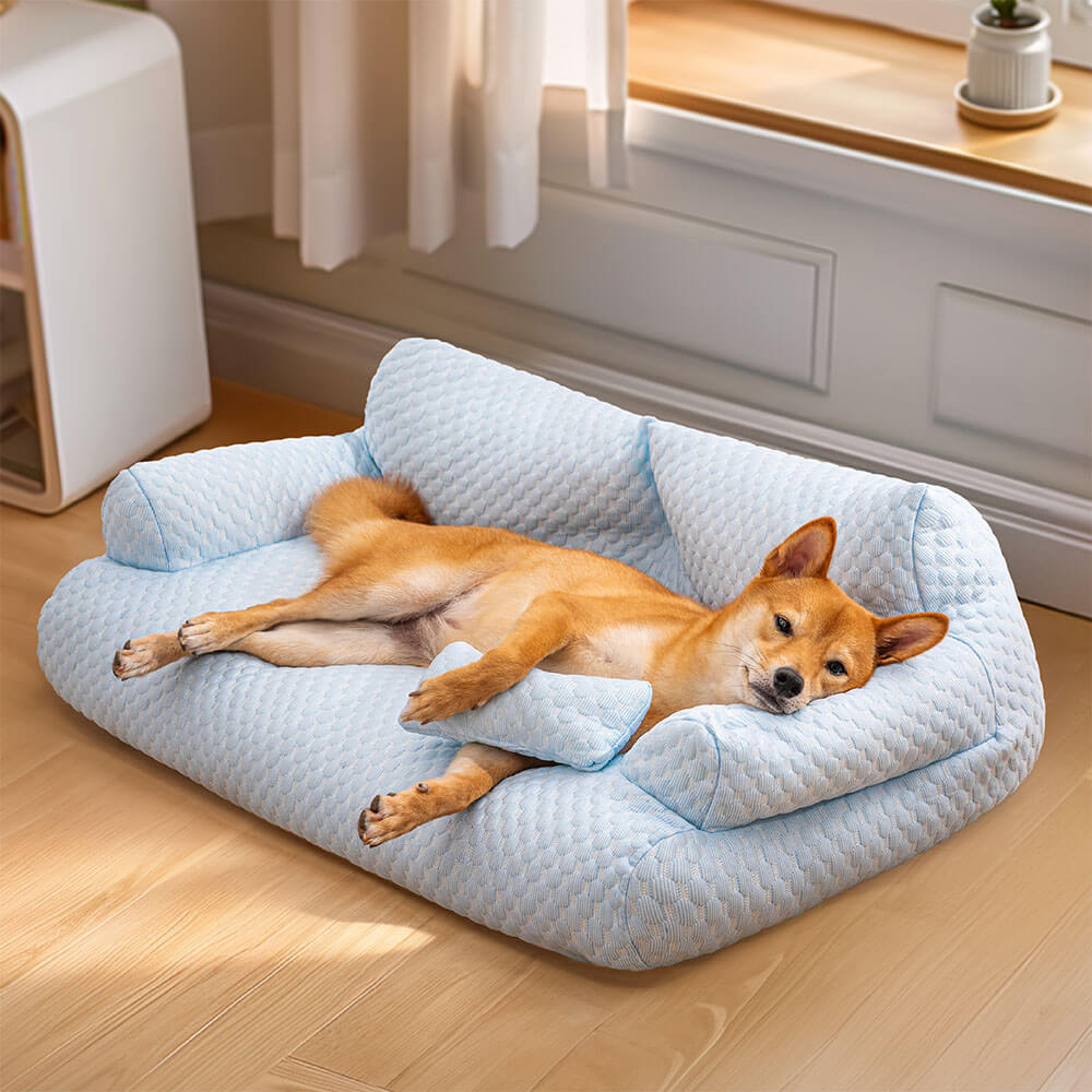 Close-up of the cooling ice silk fabric on a dog bed showing breathable material