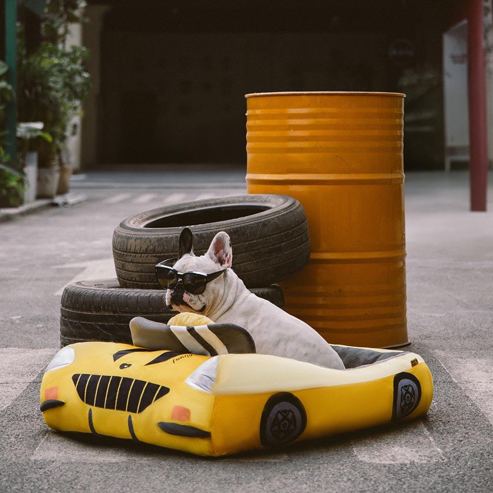 A golden retriever comfortably sleeping in a luxury car pet bed, showcasing the plush interior and sleek red exterior.