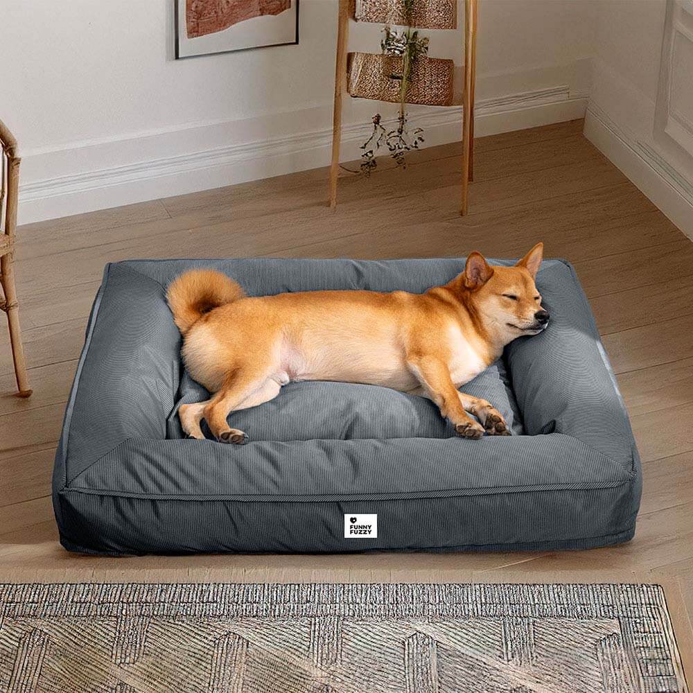 Orthopedic dog bed with gray waterproof fabric, shown in XL size with a golden retriever lounging