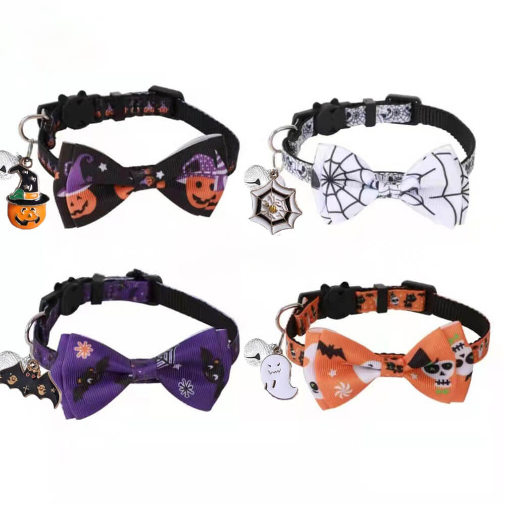Close-up of the spooktacular Halloween collar with bow and bell on a playful dog.