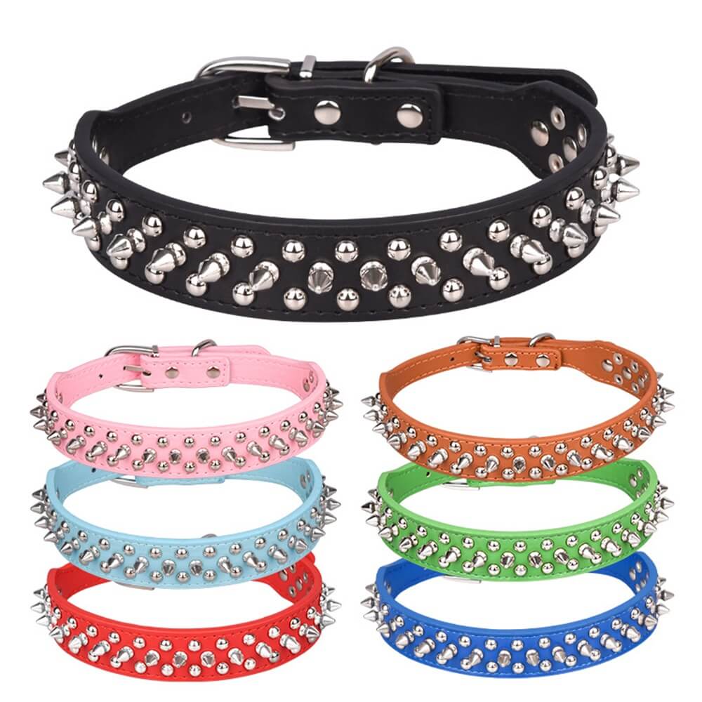 Close-up of the vibrant studded pet collar showcasing colorful spikes and studs.