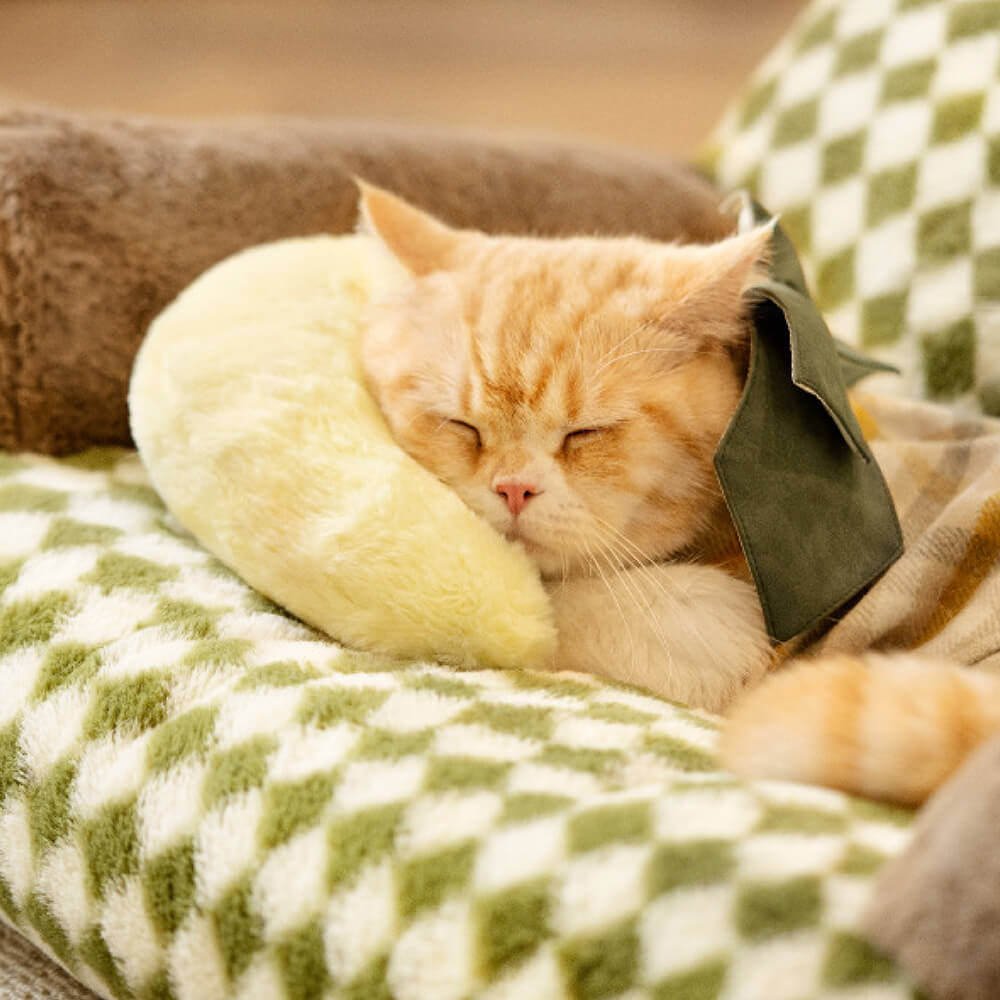 CuddleNest Memory Foam Pet Pillow in a stylish living room setting, showing its plush texture and cozy shape.