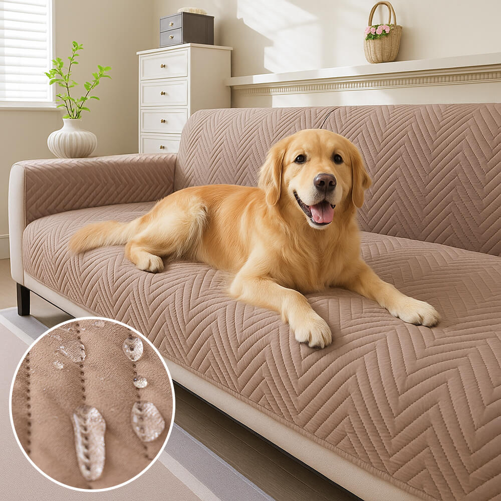 SnuggleGuard pet couch protector shown on a leather sectional with dog lounging