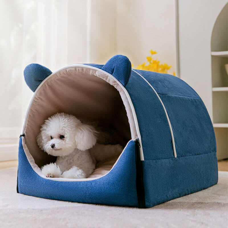 Cute bear ears dog house bed with house-shaped design and plush cushion