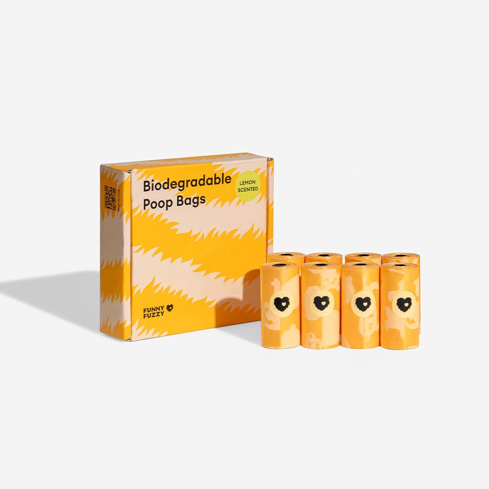Close-up of EcoFresh lemon-scented biodegradable poop bags with dispenser